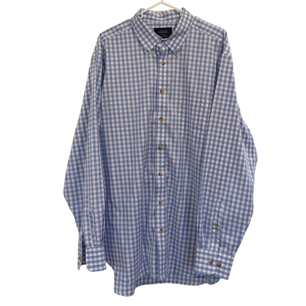 Charles Tyrwhitt Mens XL Blue Gingham Non Iron Classic Fit Button Down Shirt